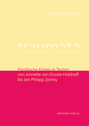 Cover „Traumata“, Typografische Gestaltung. 
              Zu sehen sind eine hellgelbe und eine himbeerfarbene Fläche, die das Cover unterteilen, darüber der Schriftzug „Traumata“. 
              